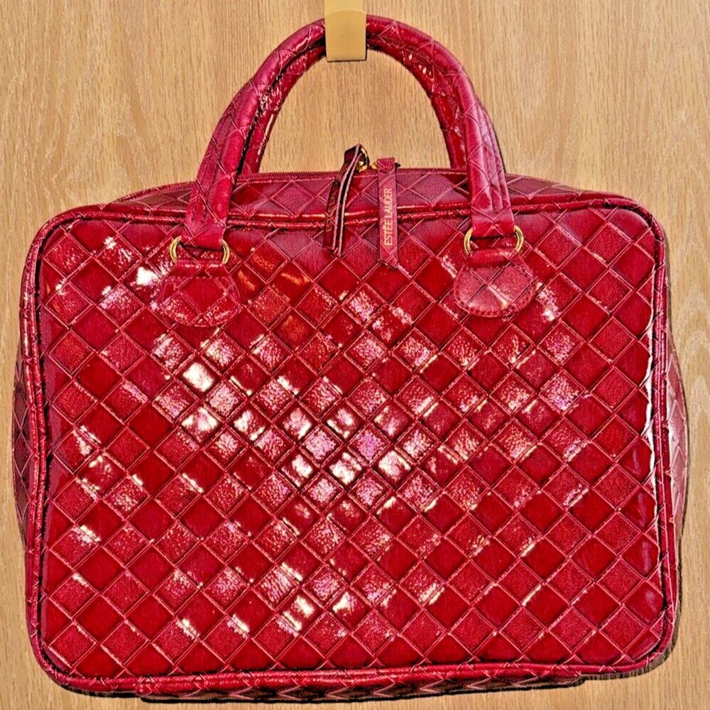 Estee Lauder Red Faux Leather Travel Tote | Quilted Lattice | Dual Handles